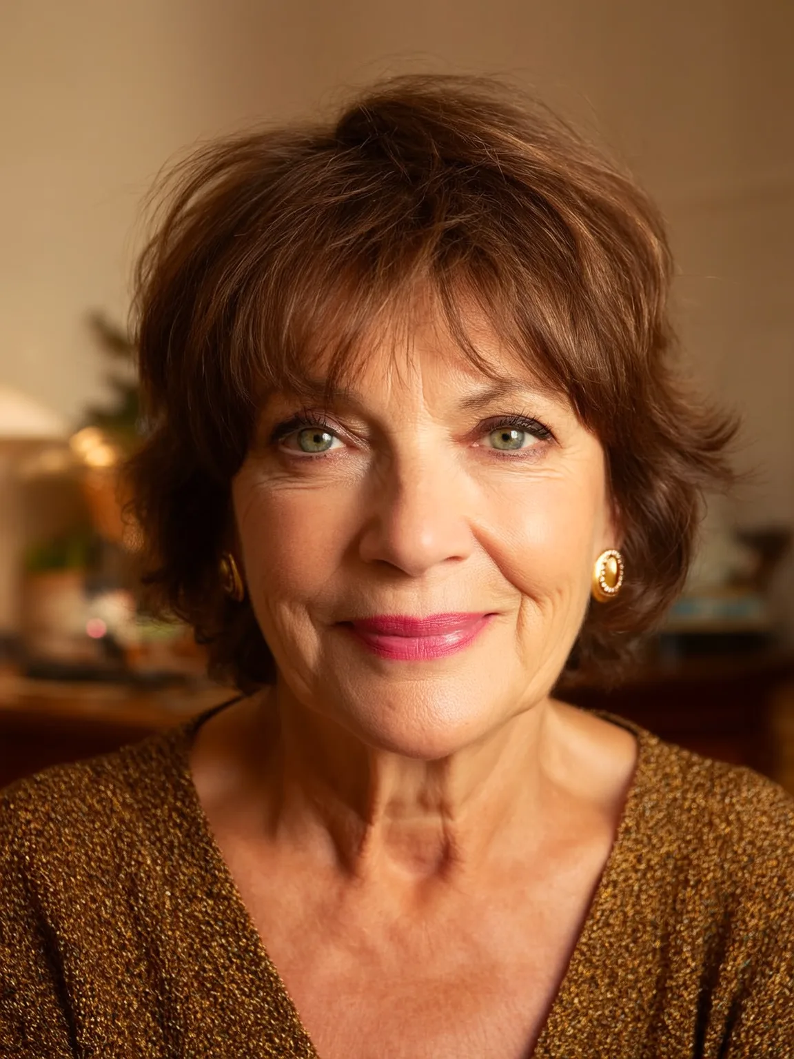 Layered Short Bob with Warm Chestnut Waves